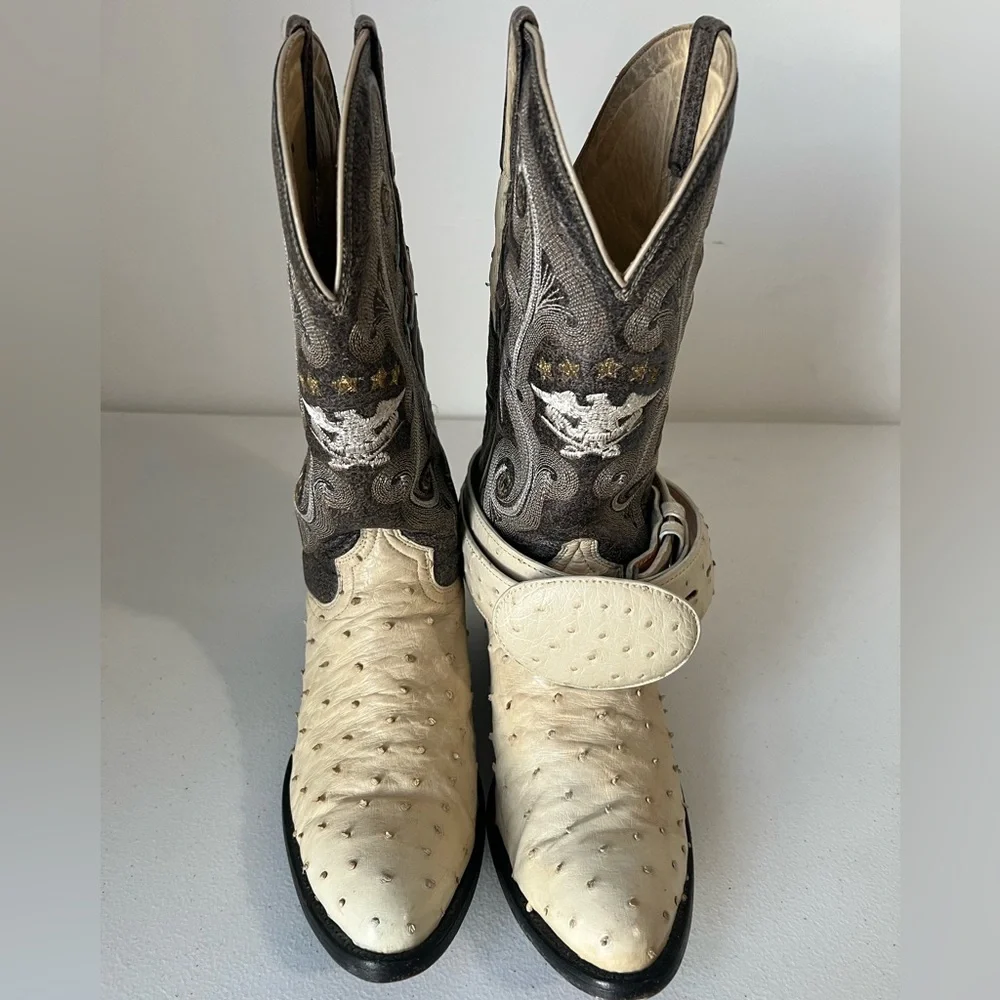 El General Genuine Ostrich Size 8.5 Boots + Matching Belt Wester Cowboy Men’s